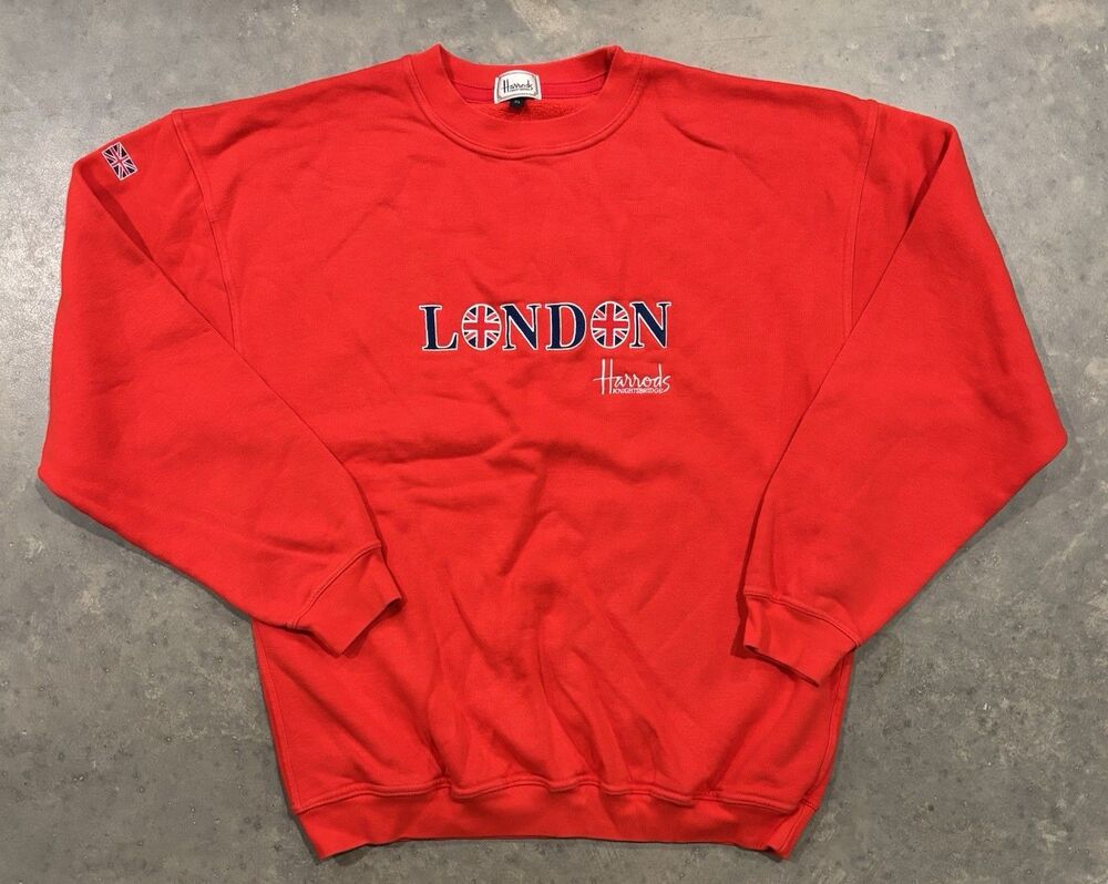 Vintage LONDON HARRODS Crewneck Sweatshirt Adult XL Red Pullover Great Britain